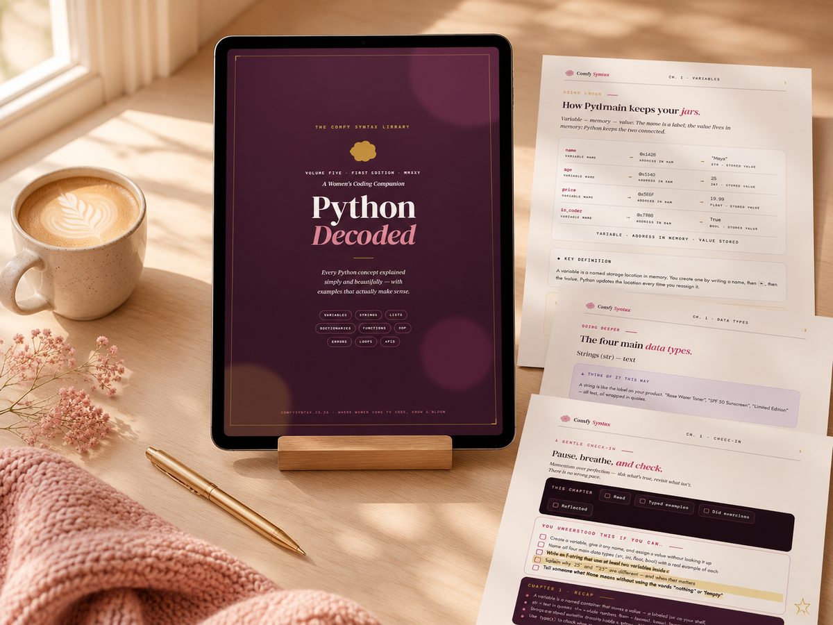 Python Decoded beginner Python guide — open PDF pages on a laptop, cozy desk mockup