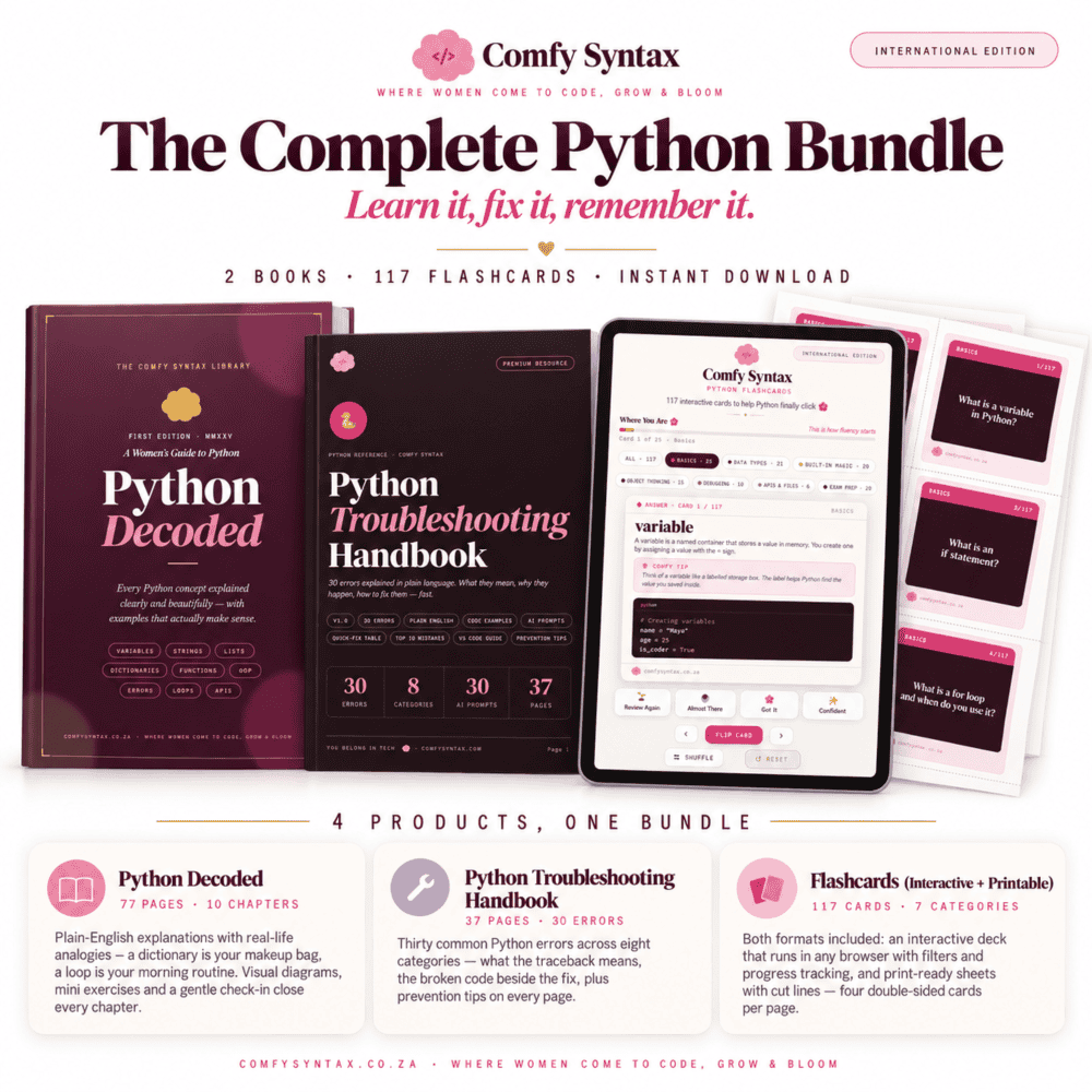 Python Beginner Bundle - Python Decoded + Troubleshooting Handbook + Flashcards